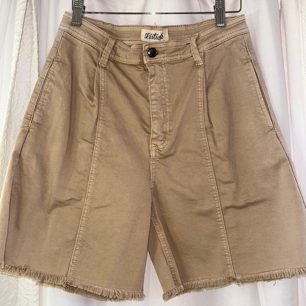 Khaki A-Line Stretch Midi Shorts